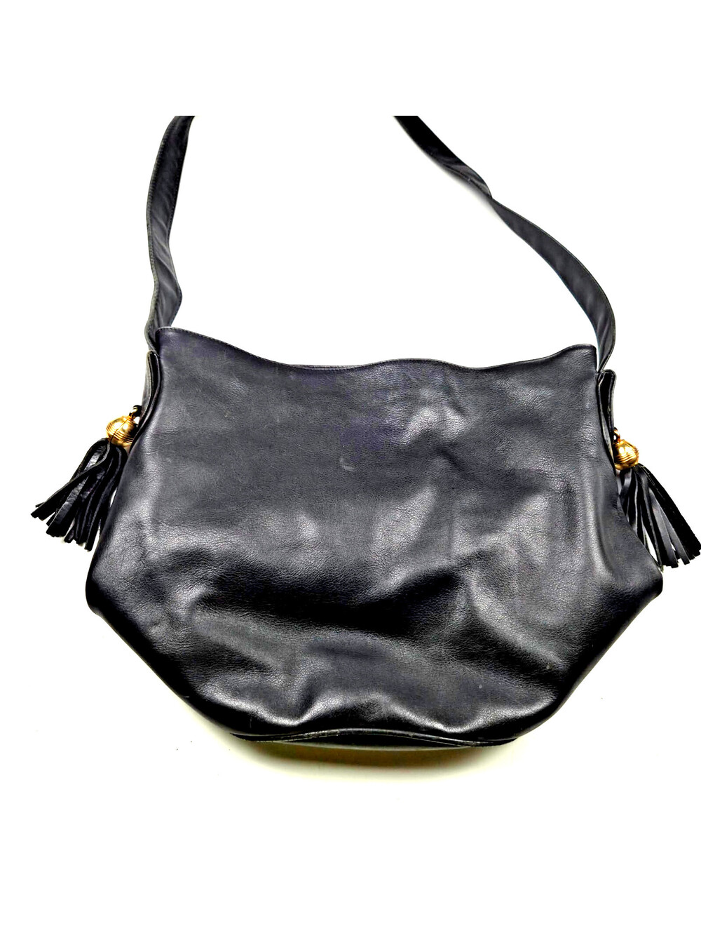 Lord & Taylor Black Genuine Leather Hobo Shoulder Bag Tassel Italy Vintage